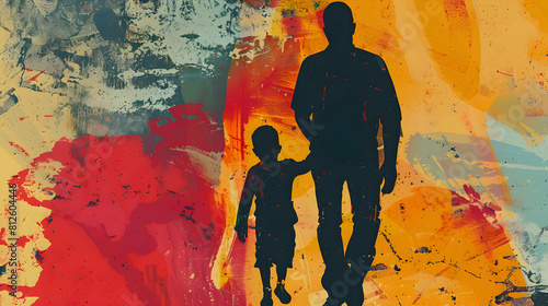 fathers day painting silhouette with dad and son on watercolor background.father and child in the sunset watercolor card design.generative ai 