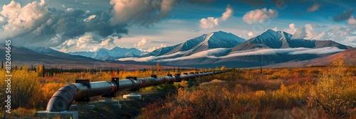 Autumn Mountain Landscape with Trans Alaska Pipeline in View, Set Against a Variegated Sky photo