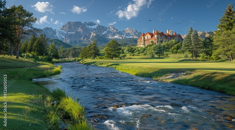 Obraz premium Photograph of the hotel near the river in summer, green grass and trees on both sides of the stream, mountains in the background, birds flying in the sky, 