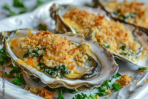 Creamy Baked Oysters Rockefeller with Butter-Breadcrumbs and Cheese on Top, Delicious Homemade photo