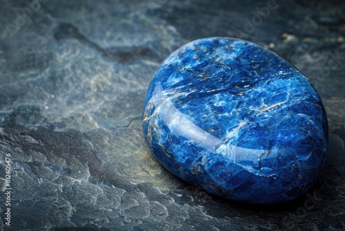 Polished Dumortierite Gemstone. Tumbled Blue Dumortierite Pebble on Dark Natural Rock Material photo