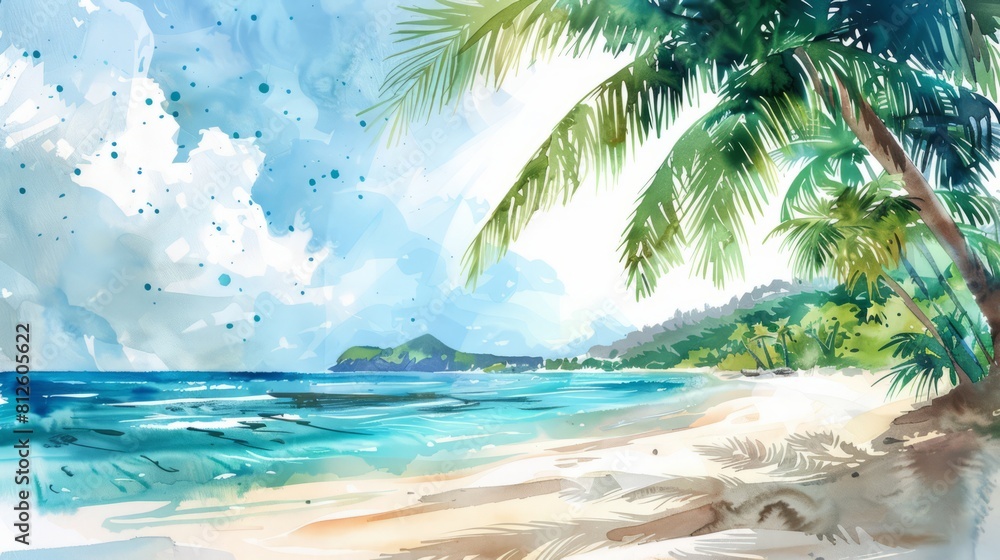 Tropical watercolor illustration capturing the exotic beauty of a beach holiday