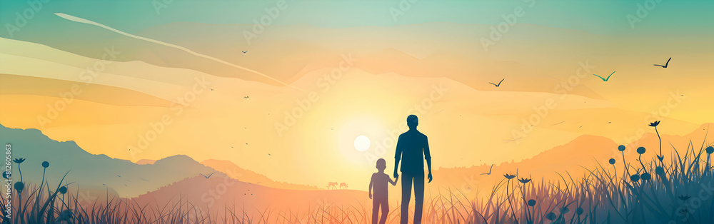 colorful dad and son flat design art illustration banner ,happy father's Day greeting card. generative ai colorful dad and son flat design art illustration banner ,happy father's Day greeting card. generative ai
