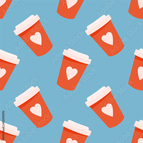 Vector seamless pattern of coffee cups. Blue background.