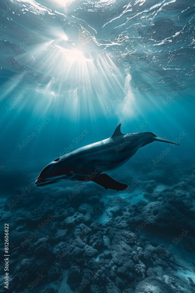 Obraz premium Majestic Minke whale swimming in clear blue waters under sunlight, symbolizing the serene beauty of the ocean, world oceans day