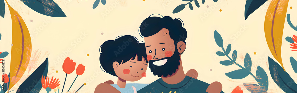 colorful dad and son flat design art illustration banner ,happy father's Day greeting card. generative ai colorful dad and son flat design art illustration banner ,happy father's Day greeting card. generative ai