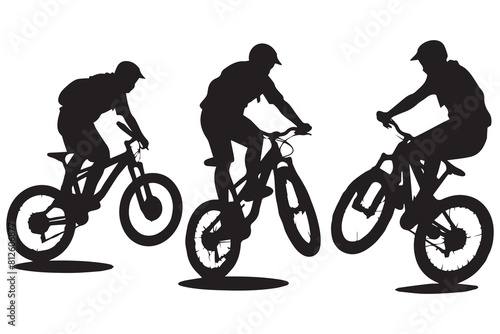 Black silhouettes of bicyclist rider jumping on a white background