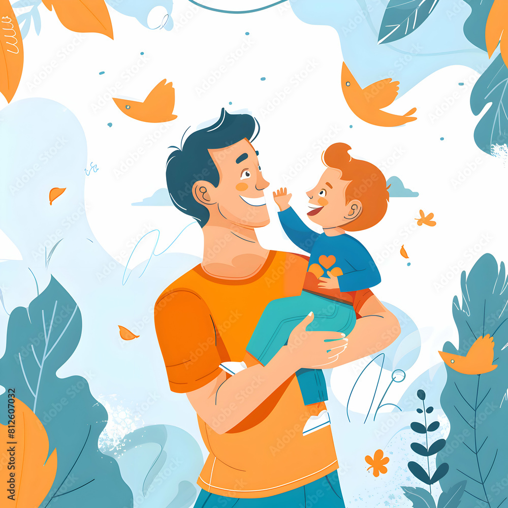 Obraz premium colorful dad and son flat design art illustration,happy father's Day greeting card.happy father's Day, logo design,t-shirt design.generative ai 