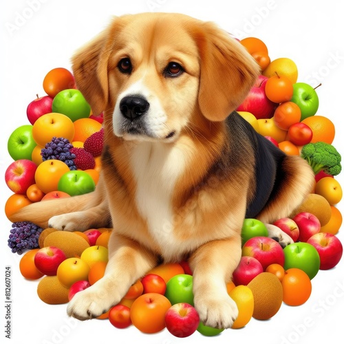 A dog lying in a pile of fruit image art realistic attractive illustrator.