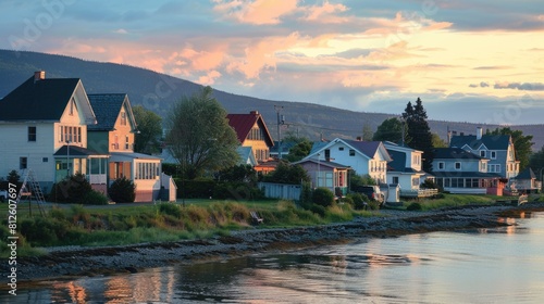 Kamouraska Waterfront - Houses Overlooking Estuary of St. Lawrence River at Sunset, Quebec, Canada photo