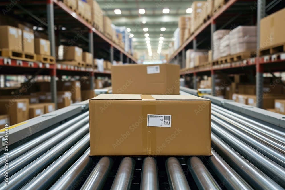 Close-up view of a cardboard box on a conveyor belt inside a modern distribution center