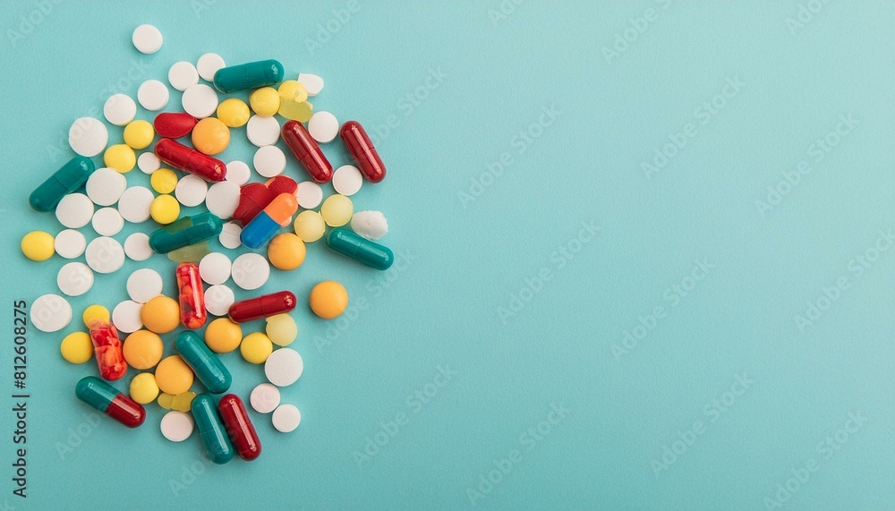 Top down view of pharmaceutical pills. Colourful prescription tablets on a plain background. Copy space for text. Marketing healthcare banner with empty space on righ side Top down view of pharmaceutical pills. Colourful prescription tablets on a plain background. Copy space for text. Marketing healthcare banner with empty space on righ side