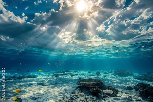 Split view of the ocean showing both the clear sky above and the tranquil underwater world below, reflecting the synergy between atmospheric and marine ecosystems. world oceans day