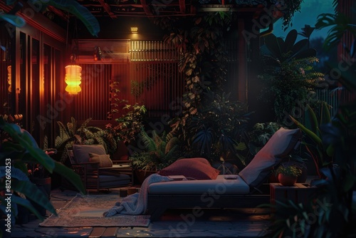 A woman relaxing on a couch in a garden at night. Suitable for lifestyle and relaxation concepts