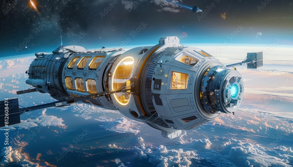 Visualize a luxurious space hotel orbiting Earth, with large viewing windows showing the planet below Visualize a luxurious space hotel orbiting Earth, with large viewing windows showing the planet below