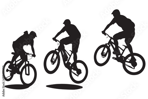 Black silhouettes of bicyclist rider jumping on a white background