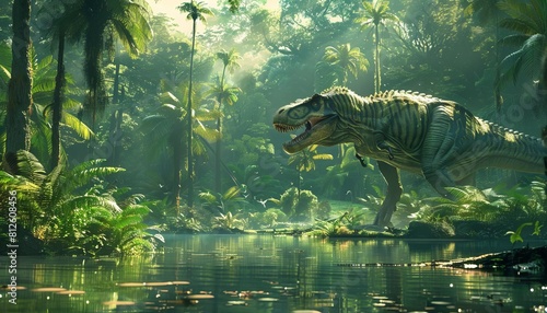 Visualize a lush Jurassic landscape teeming with dinosaurs  towering ferns  and ancient reptiles