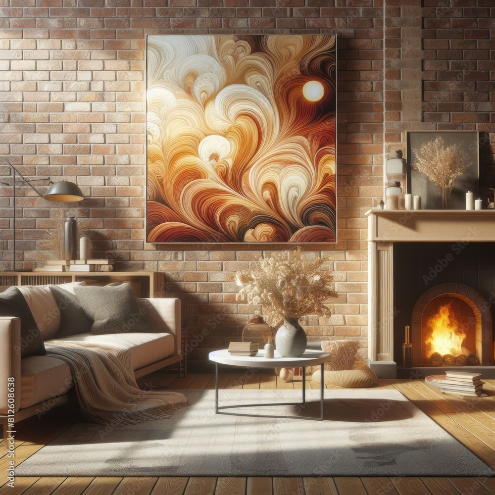 Fototapeta premium A living room with a template mockup poster empty white and with a fireplace and a couch art lively used for printing.