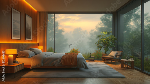 a modern bedroom interior with a large bed, A large window looks out to an overcast evening at dusk, and near the window is a comfortable chair with a floor standing lamp