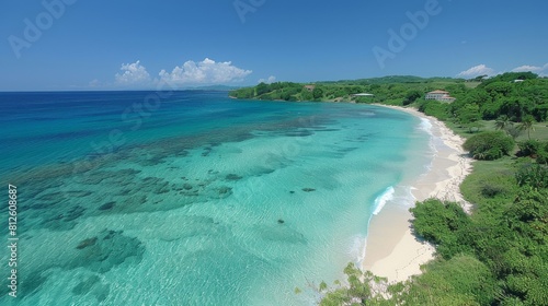 Aerial view of a peaceful beach with clear waters  white sand  green foliage  and a secluded  calm ambiance