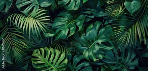 Emerald Canopy  Flat Lay Composition of Vibrant Green Tropical Leaves Against a Dark Background