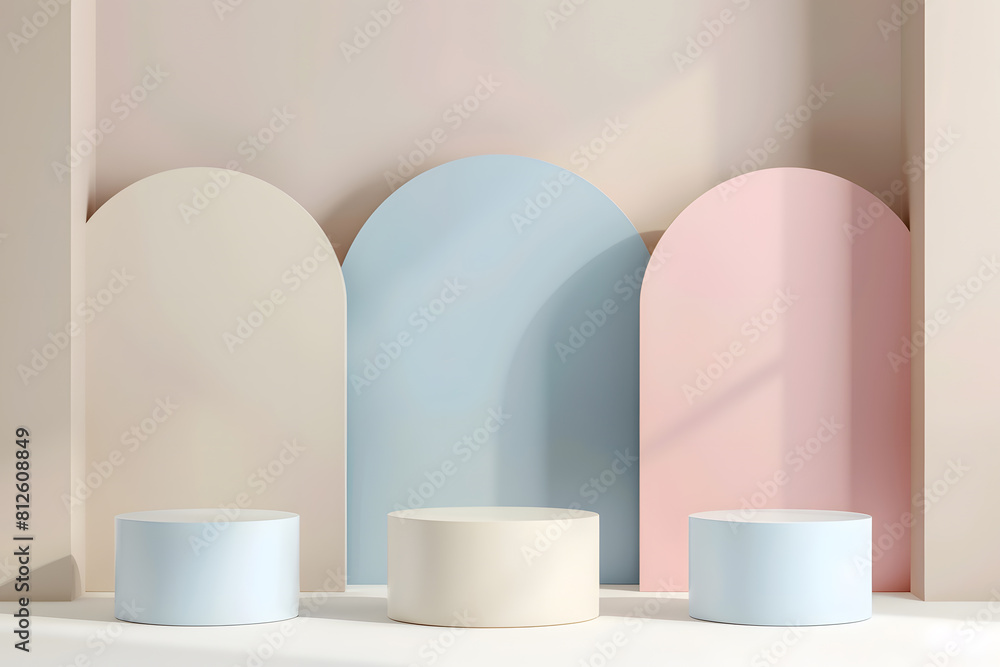 Set of beige, blue, soft pink and white realistic 3d cylinder pedestal podium in pastel colorful abstract rooms.. Generative Ai. Set of beige, blue, soft pink and white realistic 3d cylinder pedestal podium in pastel colorful abstract rooms.. Generative Ai.