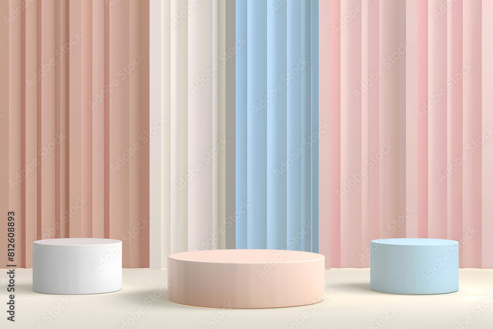 Set of beige, blue, soft pink and white realistic 3d cylinder pedestal podium in pastel colorful abstract rooms.. Generative Ai. Set of beige, blue, soft pink and white realistic 3d cylinder pedestal podium in pastel colorful abstract rooms.. Generative Ai.