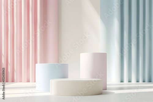 Set of beige  blue  soft pink and white realistic 3d cylinder pedestal podium in pastel colorful abstract rooms.. Generative Ai.