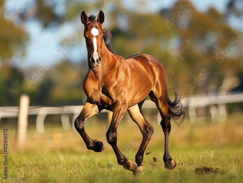Bay Standardbred Filly in Action with Herd in Paddock - Yearling Group Run  photo