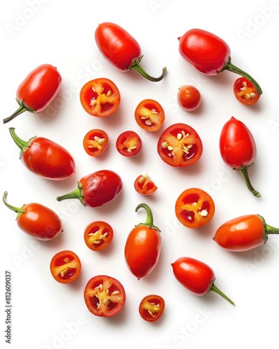 Top View of Spicy and Sweet Peppadew Pepper Fruit Isolated on White Background