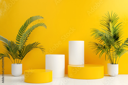 Set of yellow and white round corner cube pedestal podium Podium. Generative Ai. © tfk