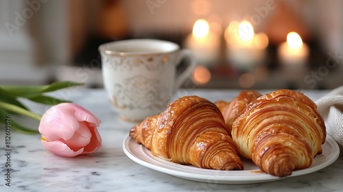   A duo of croissants resting atop a plate beside a steaming cup of java and a vibrant blossom