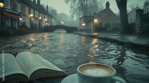   A cup of coffee on a table with a book and coffee on a saucer nearby photo