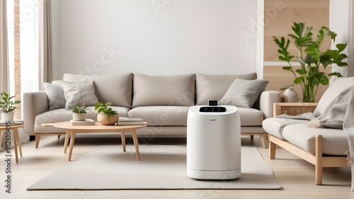 generic air purifier or split unit AC controller mockup against a contemporary  light-colored living room setting