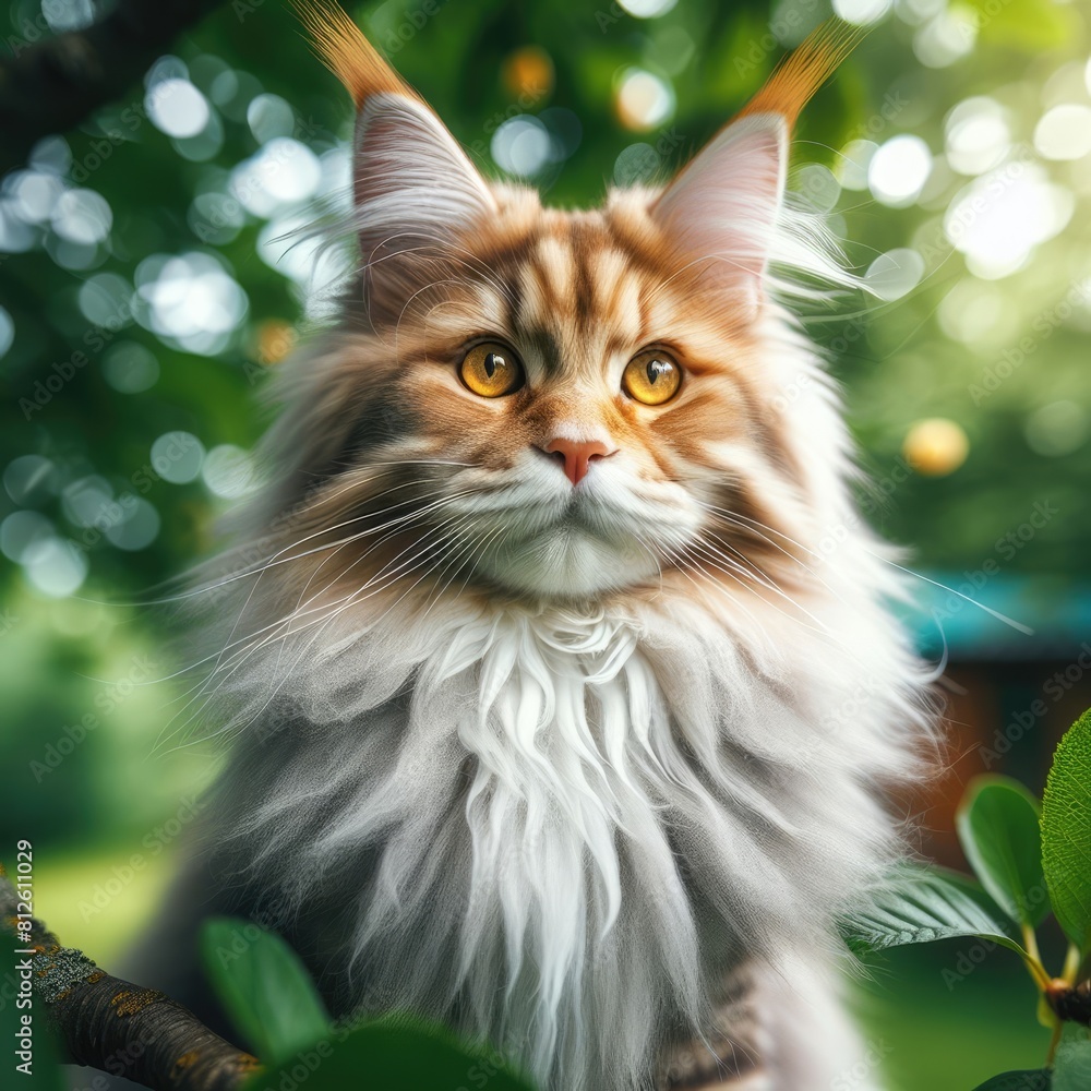 A maine coon cat sitting on a tree branch image photo lively has illustrative meaning illustrator.