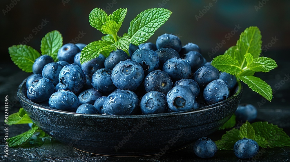 A close-up of blueberries in a bowl, surrounded by green leaves on a table A close-up of blueberries in a bowl, surrounded by green leaves on a table
