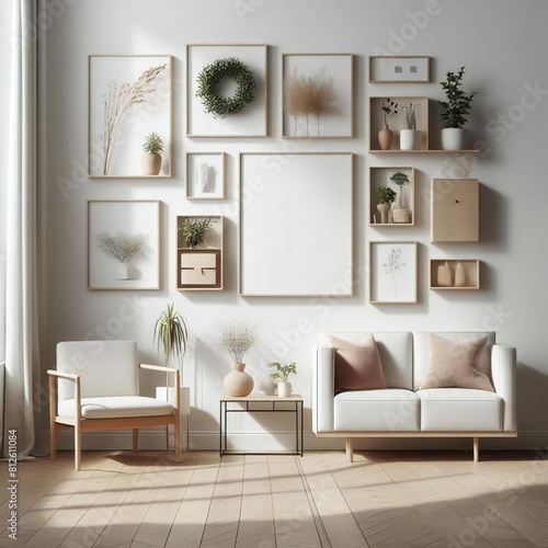 A Room with a template mockup poster empty white and with a couch and a picture frame realistic photo attractive has illustrative meaning.
