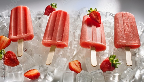 Close-up shot of delectable strawberry popsicles nestled among glistening ice cubes  evoking a sense of coolness and indulgence background