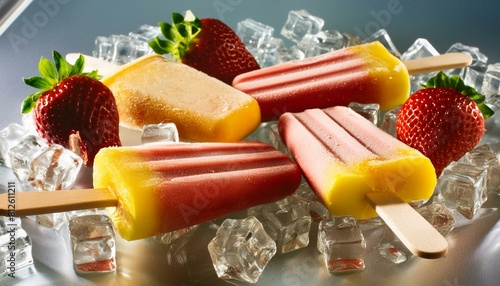 Close-up shot of delectable strawberry popsicles nestled among glistening ice cubes, evoking a sense of coolness and indulgence background
