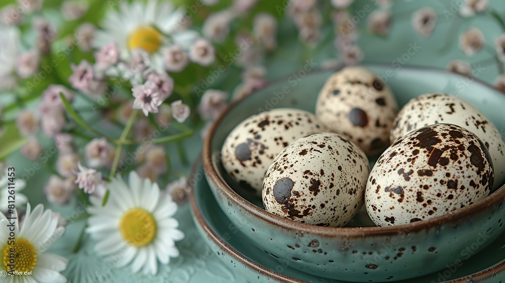 Four quails in a bowl on a table with daisies in the foreground and a bouquet of daisies in the background Four quails in a bowl on a table with daisies in the foreground and a bouquet of daisies in the background