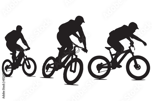 Black silhouettes of bicyclist rider jumping on a white background