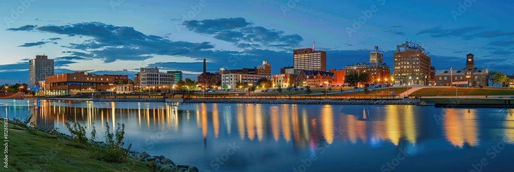 Fototapeta premium Green Bay Wisconsin City Skyline at Night: Retro Classic Facades with Sports Park, Seasonal Signs