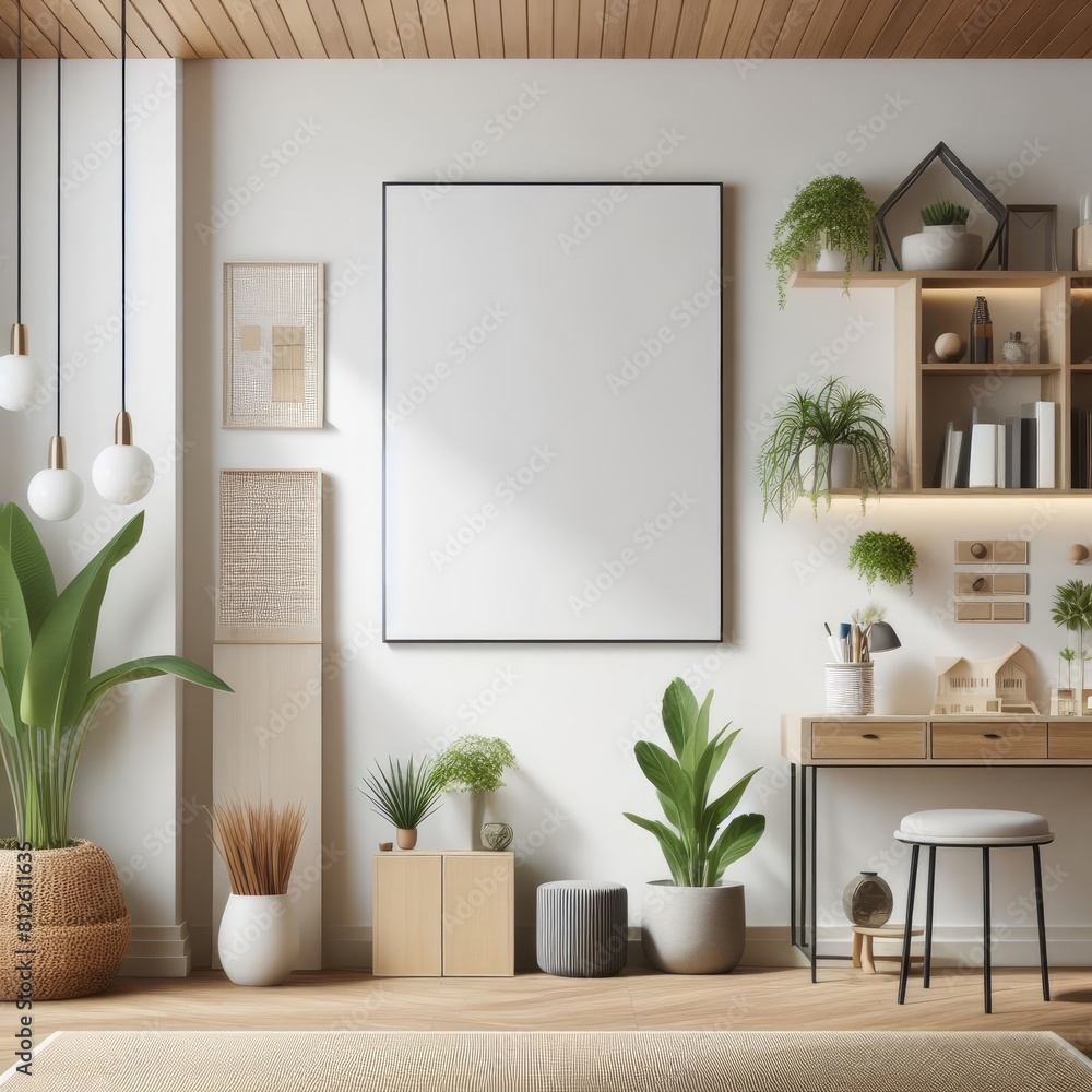 A Room with a template mockup poster empty white and with a desk and plants realistic attractive lively. A Room with a template mockup poster empty white and with a desk and plants realistic attractive lively.