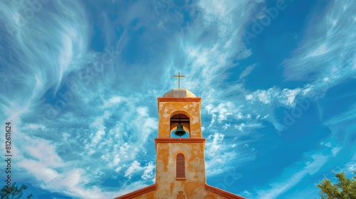 Church Bell Tower with Cross: Religious Building in McAllen, Texas - A Blue Sky Background photo