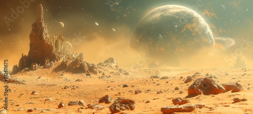 A Martian like landscape with towering rock formations, a large moon in the background, and a dusty orange sky. photo