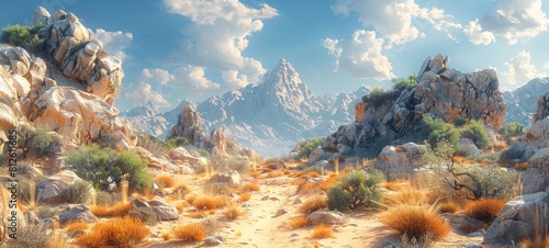 A serene desert landscape featuring rocky outcrops, sparse vegetation, and a prominent snow-capped mountain under a clear blue sky. photo