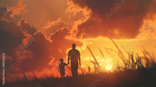 fathers day silhouette with dad and son on background.father and child in the sunset card design.generative ai