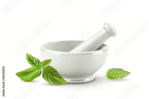 Freshly made pesto sauce in a mortar with a sprig of basil, ideal for culinary concepts