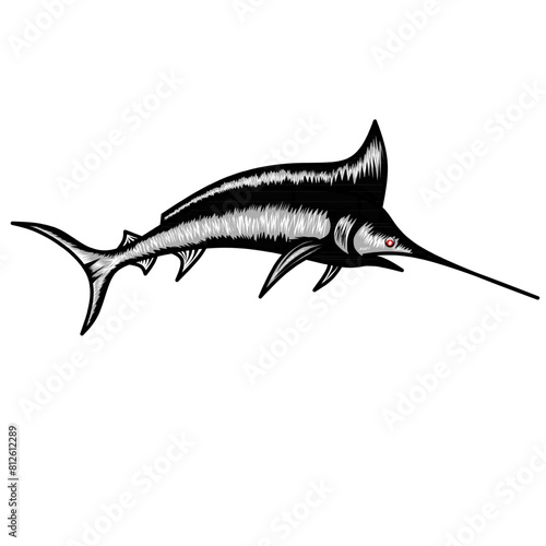 Marlin fish vector illustration. Swordfish fishing emblem on white background. Sea fish logo. Suitable for a fishing theme.