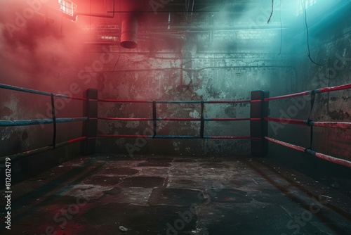 Desolate boxing ring with atmospheric smoke and moody blue-red lighting © anatolir